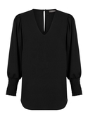 Cleo V Neck Shirred Cuff Luxe Twill Top - Black