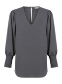 Cleo V Neck Shirred Cuff Luxe Twill Top - Charcoal