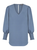 Cleo V Neck Shirred Cuff Luxe Twill Top - Denim