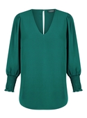Cleo V Neck Shirred Cuff Luxe Twill Top - Emerald