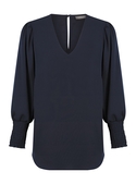 Cleo V Neck Shirred Cuff Luxe Twill Top - Navy