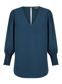 Cleo V Neck Shirred Cuff Luxe Twill Top - Ocean