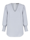 Cleo V Neck Shirred Cuff Luxe Twill Top - Silver