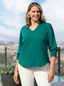 Cleo V Neck Shirred Cuff Luxe Twill Top