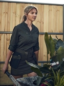 Stretch V-Neck Closed Front Cotton/Poly Shirt with Roll Sleeve - Women