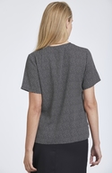 Speckle Print Collarless Top with Gathered Neckline