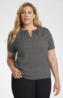 Speckle Print Collarless Top with Gathered Neckline