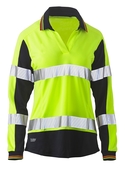 Taped Two Tone Hi Vis V-Neck Polyester Long Sleeve Polo Shirt - Women - Yellow/Navy