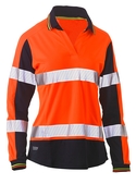 Taped Two Tone Hi Vis V-Neck Polyester Long Sleeve Polo Shirt - Women - Orange/Navy