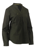Stretch V-Neck Closed Front Cotton/Poly Shirt with Roll Sleeve - Women - Olive