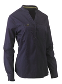 Stretch V-Neck Closed Front Cotton/Poly Shirt with Roll Sleeve - Women - Navy