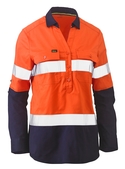 Taped Hi Vis Stretch V-Neck Closed Front Cotton/Poly Shirt - Women - Orange/Navy
