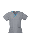 Contrast Crossover Scrubs Top - stretch poly/cotton - Women - Pewter/Aqua