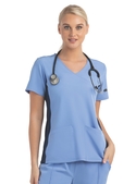 Matrix Impulse Contrast Knit Panel Mock Wrap Scrub Top - Women - Ceil Blue/Navy Trim