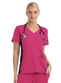 Matrix Impulse Contrast Knit Panel Mock Wrap Scrub Top - Women - Hot Pink/Black Trim