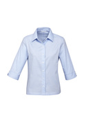 Luxe Cotton Mini Herringbone 3/4 Sleeve Shirt - Women - Blue