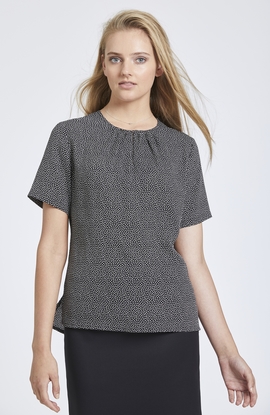 Speckle Print Collarless Top with Gathered Neckline