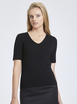 Black Rib V Neck Top