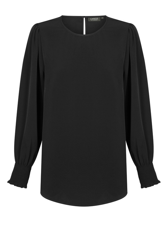 Freya Shirred Cuff Luxe Twill Top - Black