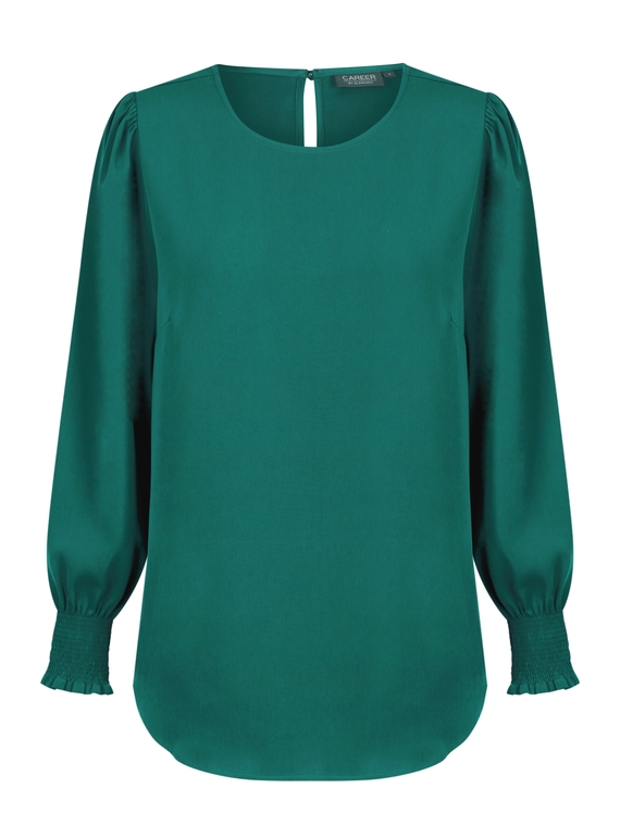 Freya Shirred Cuff Luxe Twill Top - Emerald