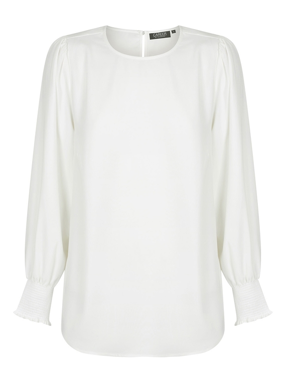 Freya Shirred Cuff Luxe Twill Top - Ivory