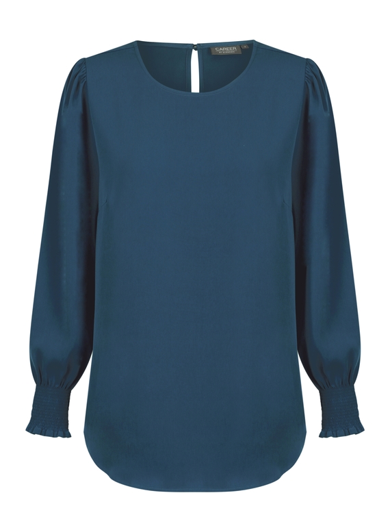 Freya Shirred Cuff Luxe Twill Top - Ocean