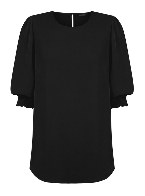 Lola 3/4 Sleeve Shirred Cuff Luxe Twill Top - Black