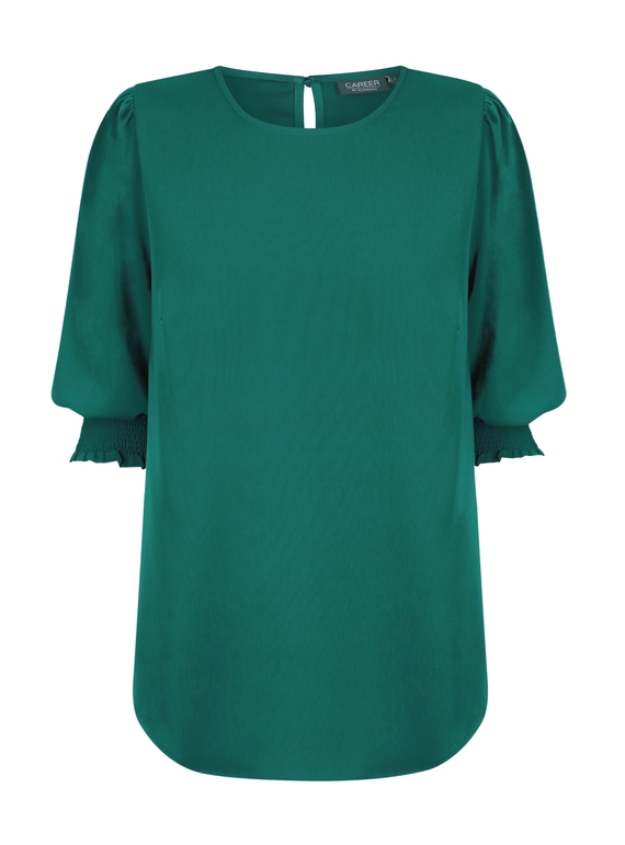 Lola 3/4 Sleeve Shirred Cuff Luxe Twill Top - Emerald