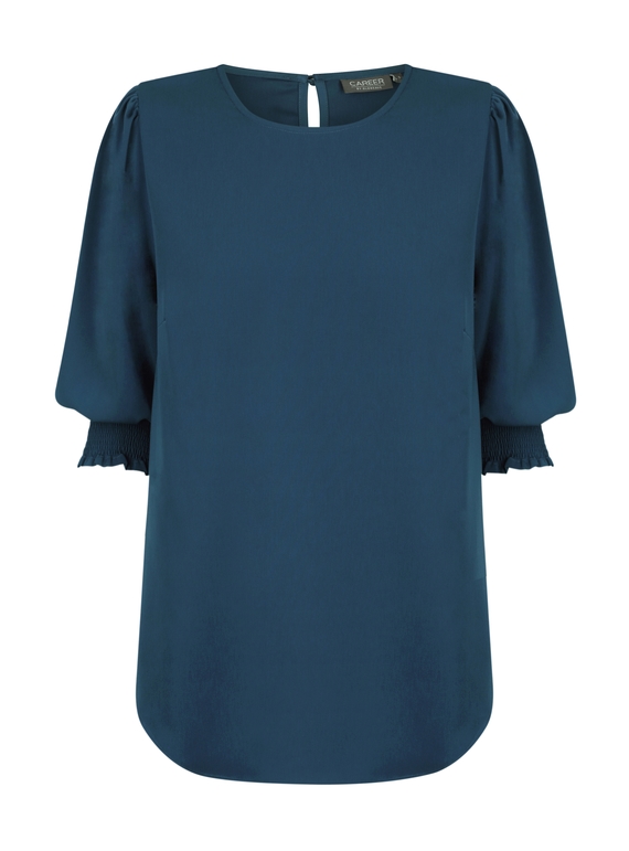 Lola 3/4 Sleeve Shirred Cuff Luxe Twill Top - Ocean