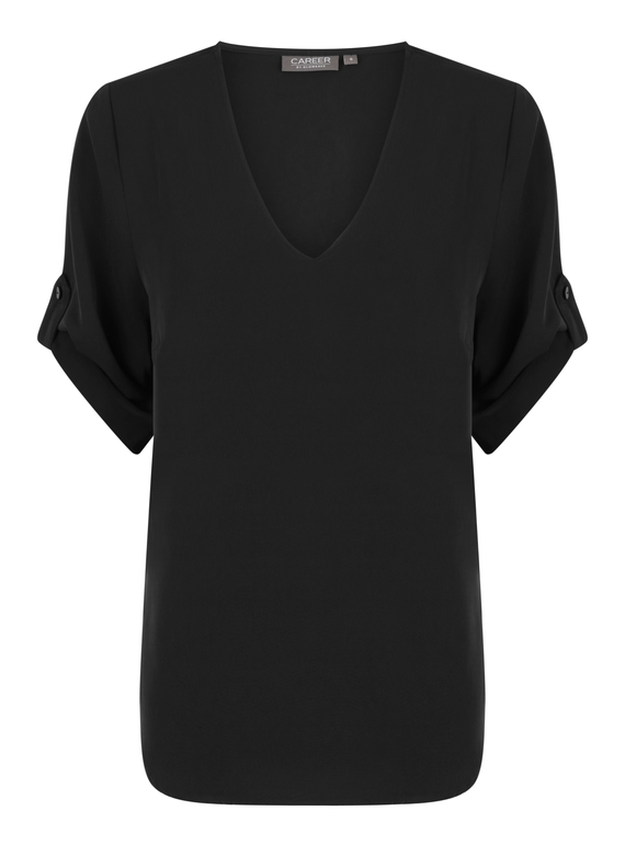 Reese V Neck Luxe Twill Top - Black