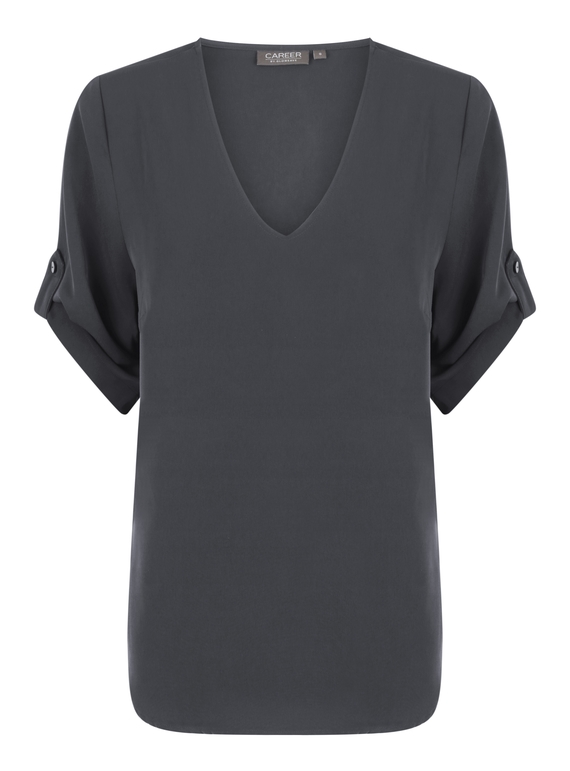 Reese V Neck Luxe Twill Top - Charcoal