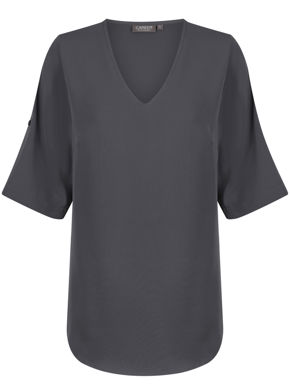 Reese V Neck Luxe Twill Top - Charcoal