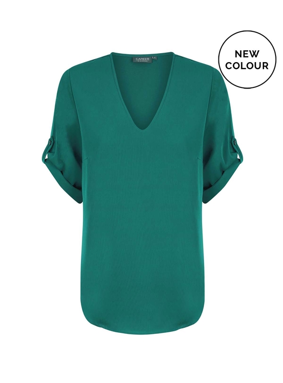 Reese V Neck Luxe Twill Top - Emerald