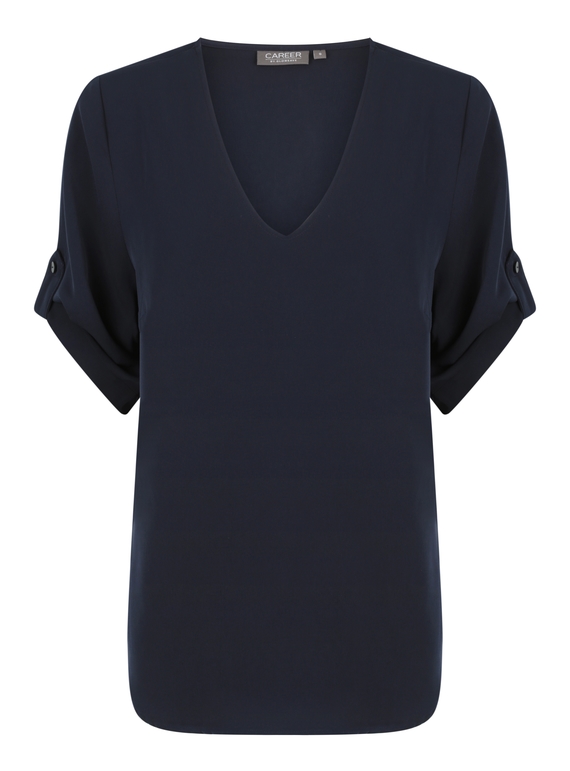 Reese V Neck Luxe Twill Top - Navy