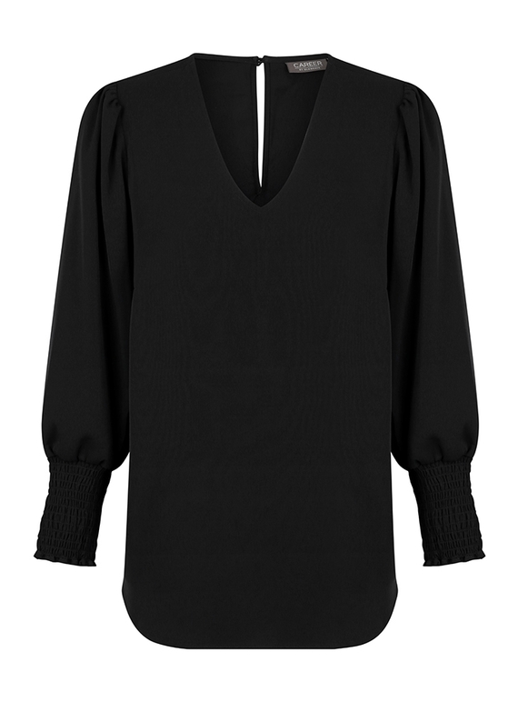 Cleo V Neck Shirred Cuff Luxe Twill Top - Black