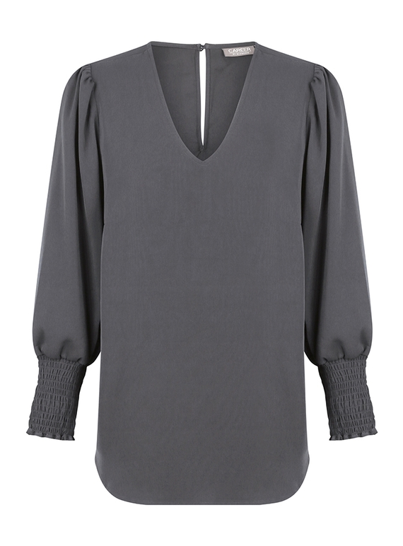 Cleo V Neck Shirred Cuff Luxe Twill Top - Charcoal