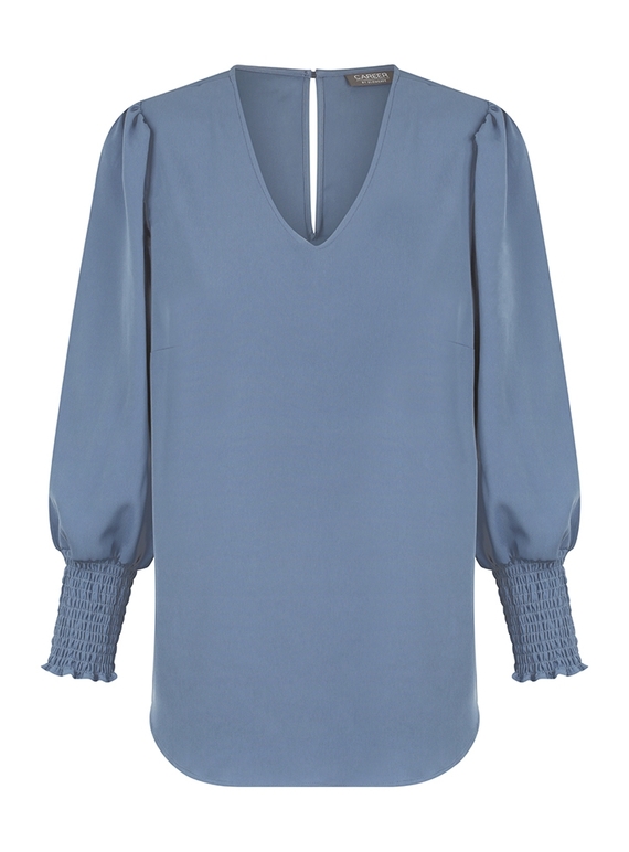 Cleo V Neck Shirred Cuff Luxe Twill Top - Denim