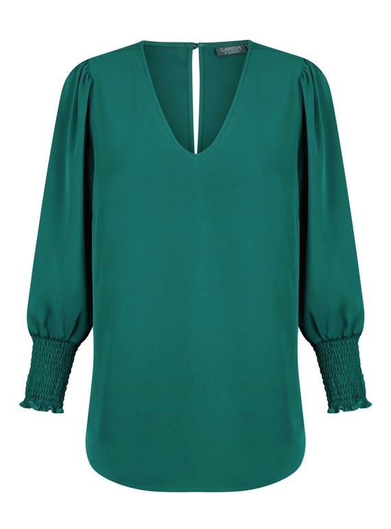 Cleo V Neck Shirred Cuff Luxe Twill Top - Emerald