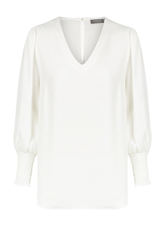 Cleo V Neck Shirred Cuff Luxe Twill Top - Ivory