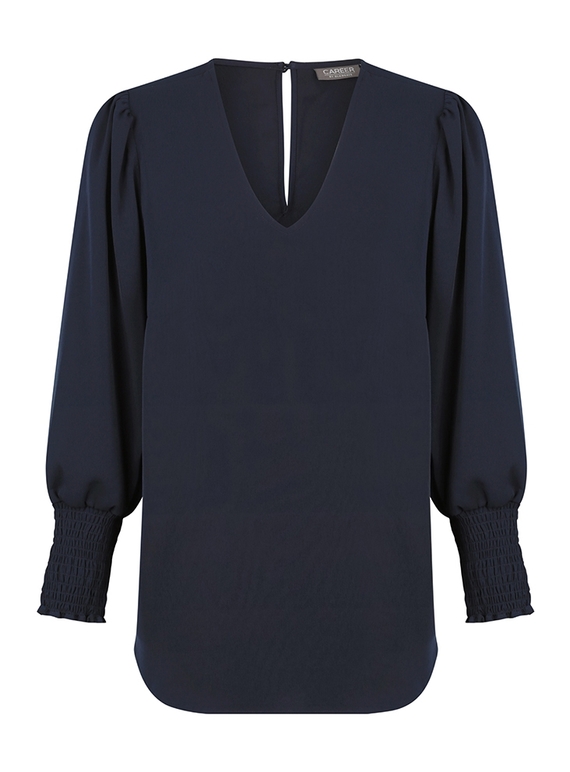 Cleo V Neck Shirred Cuff Luxe Twill Top - Navy