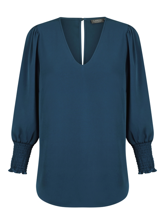 Cleo V Neck Shirred Cuff Luxe Twill Top - Ocean