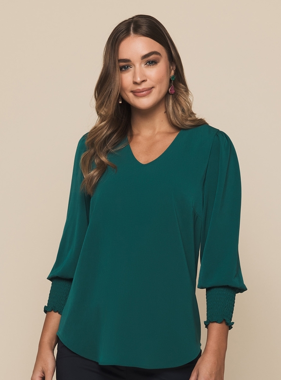 Cleo V Neck Shirred Cuff Luxe Twill Top