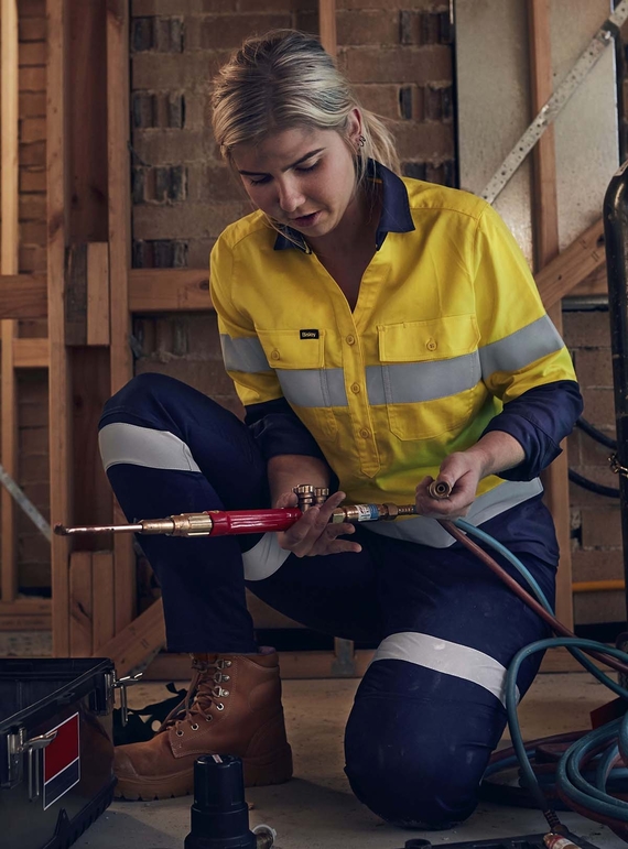 Taped Hi Vis Stretch V-Neck Closed Front Cotton/Poly Shirt - Women