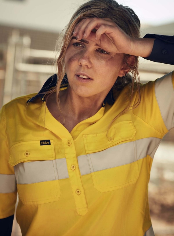 Taped Hi Vis Stretch V-Neck Closed Front Cotton/Poly Shirt - Women