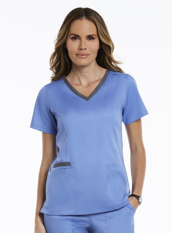 Matrix Contrast Double V-Neck Scrub Top - Women - Ceil Blue