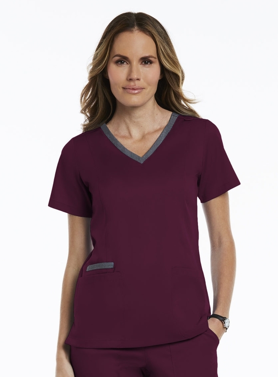 Matrix Contrast Double V-Neck Scrub Top - Women - Wine