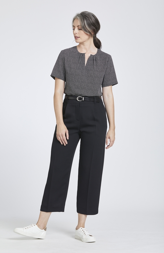 Speckle Print Collarless Top with Gathered Neckline