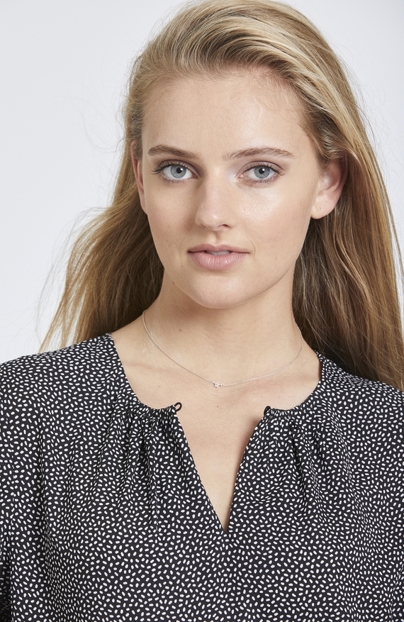 Speckle Print Collarless Top with Gathered Neckline - Collar open