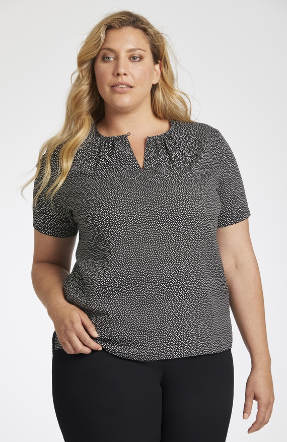 Speckle Print Collarless Top with Gathered Neckline