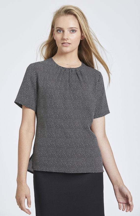 Speckle Print Collarless Top with Gathered Neckline